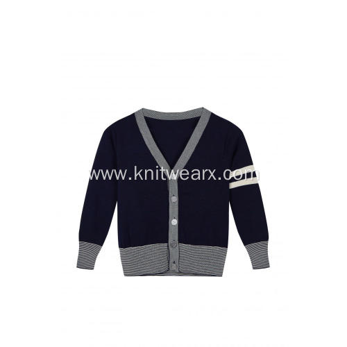 Boy's Knitted Contrast Color Arm Detailed School Cardigan